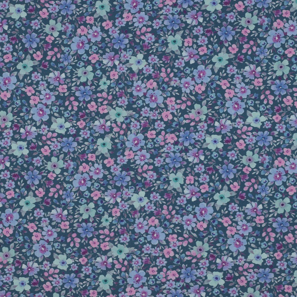 Image with premium 100% cotton fabric - small flowers on petrol 110 g/m² – available at Šarlotes audumi