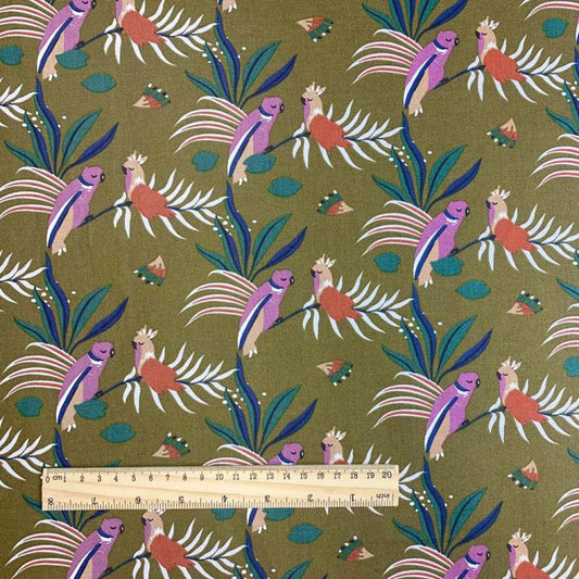 Premium 100% cotton fabric - parrots on an olive green background 115 g/m²