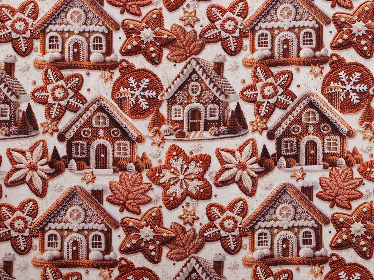 Image of Premium 100% cotton gingerbread house fabric, available online at Šarlotes audumi