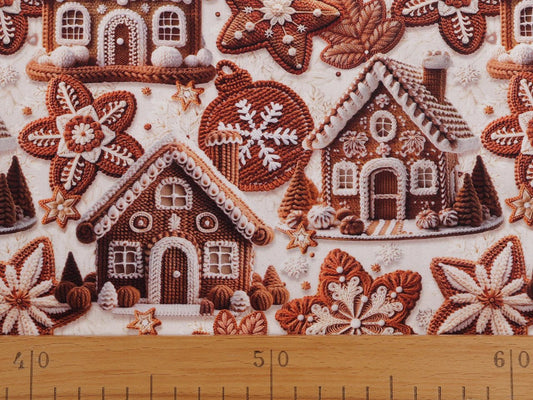 Image of Premium 100% cotton gingerbread house fabric, available online at Šarlotes audumi