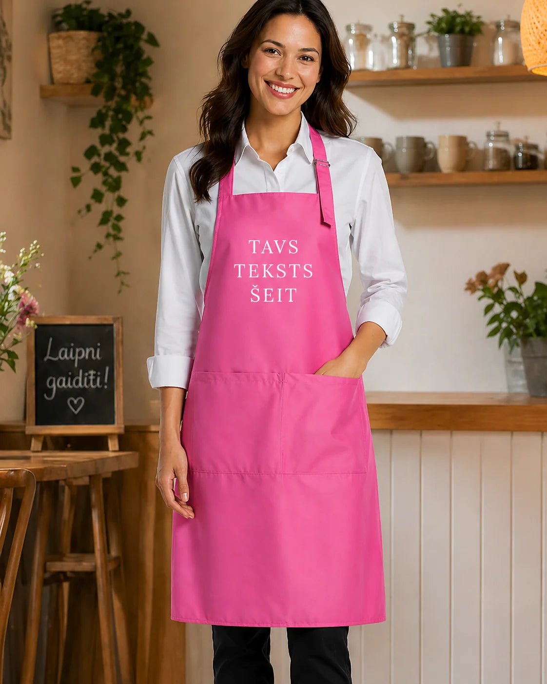 Image of an apron with your text - pink – available at Šarlotes audumi