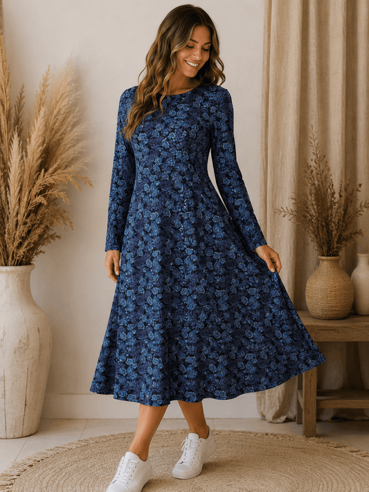 Image of Punto di Roma knit fabric - elegant blue pattern - available online at Charlotte's Fabrics