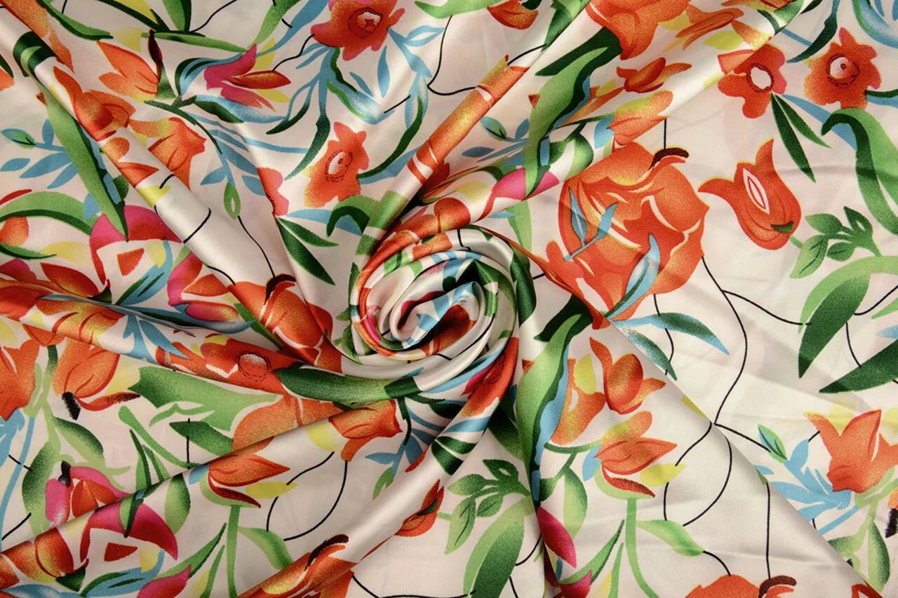 Satin with elastane - tulips 80 g/m²