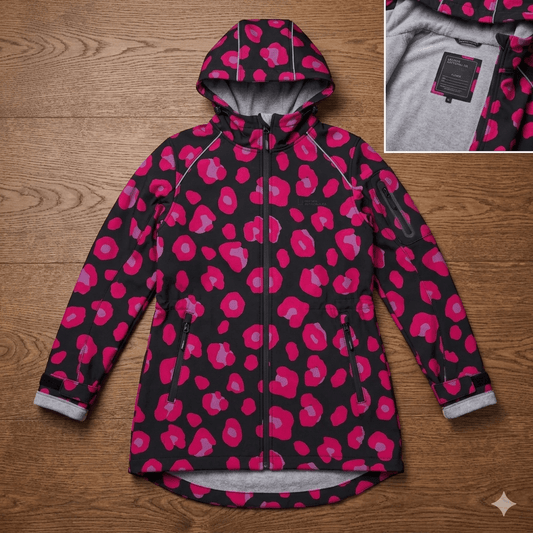 Attēls ar Softshell audums - fuksijas leopards 310 g/m² – pieejams Šarlotes audumi