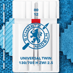 Image of a twin universal sewing machine needle SCHMETZ UNIVERSAL TWIN ZWI - No. 2.5/80 (1 pc.) – available at Charlotte's Fabrics
