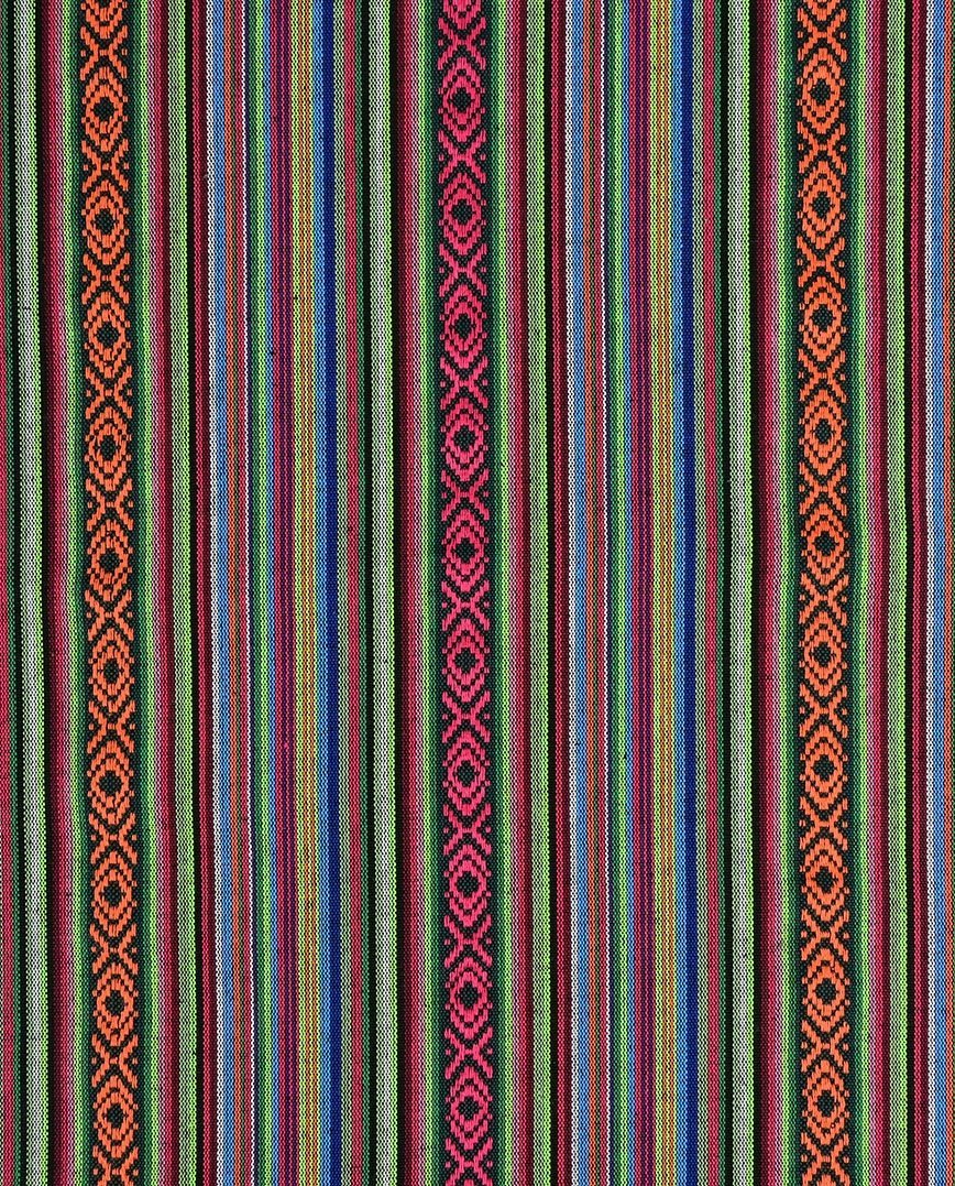 Image with folk pattern fabric - green, fuchsia and orange 200 g/m² – available at Šarlotes audumi