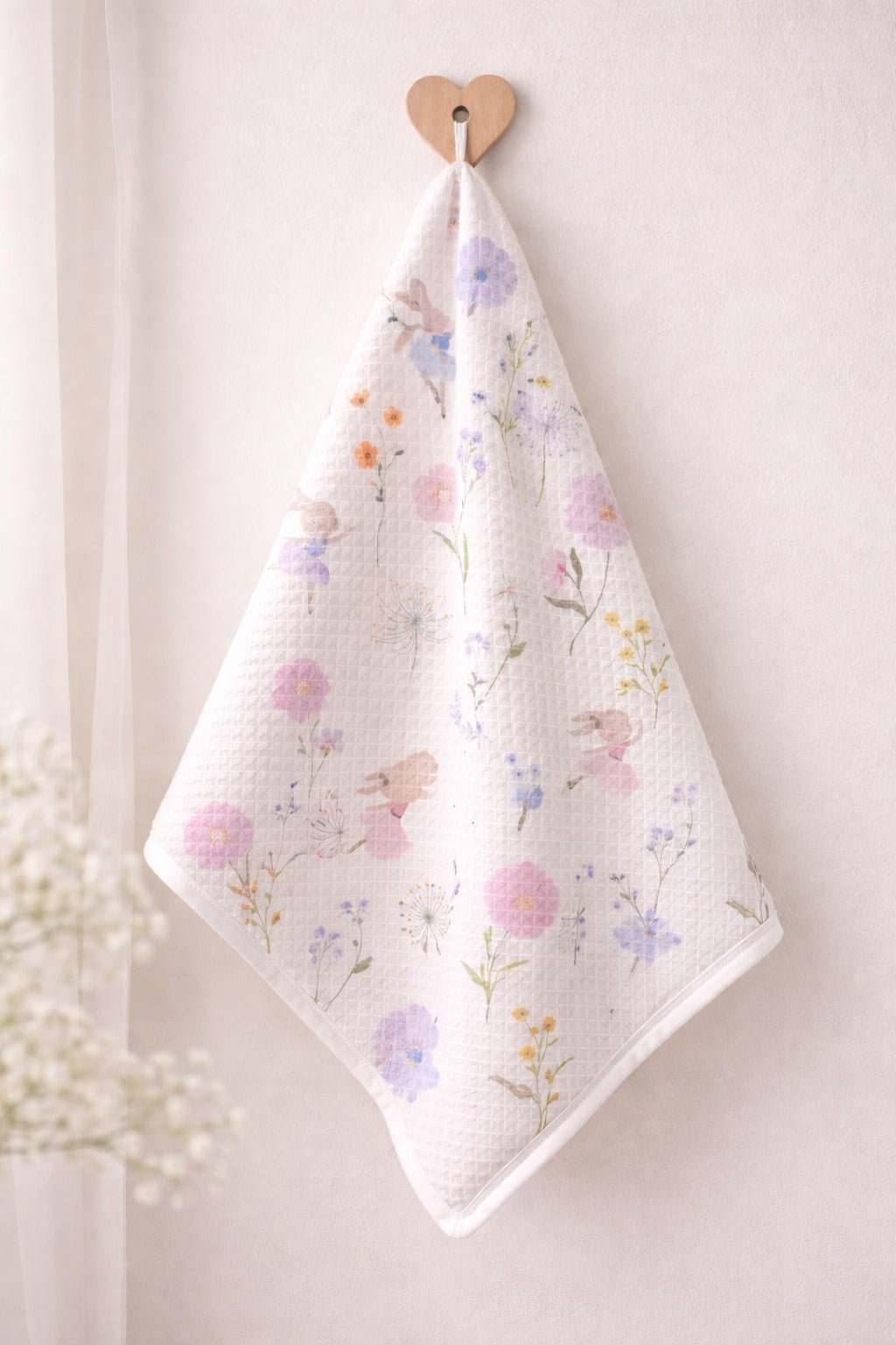Image of waffle fabric - meadow flowers and bunny 230 g/m² – available at Šarlotes audumi