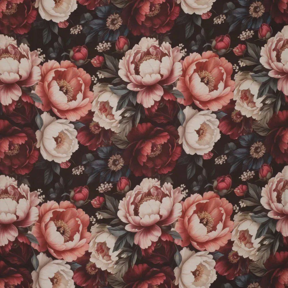 Image of viscose fabric – pink peonies, available online at Charlotte's Fabrics