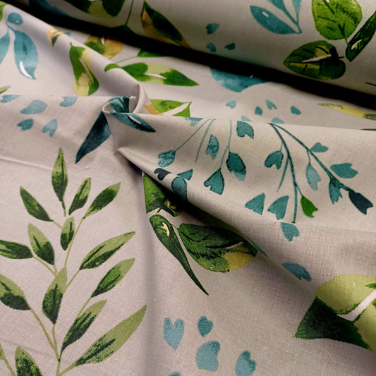 100% Cotton fabric - green and petrol leaves on grey 130 g/m²