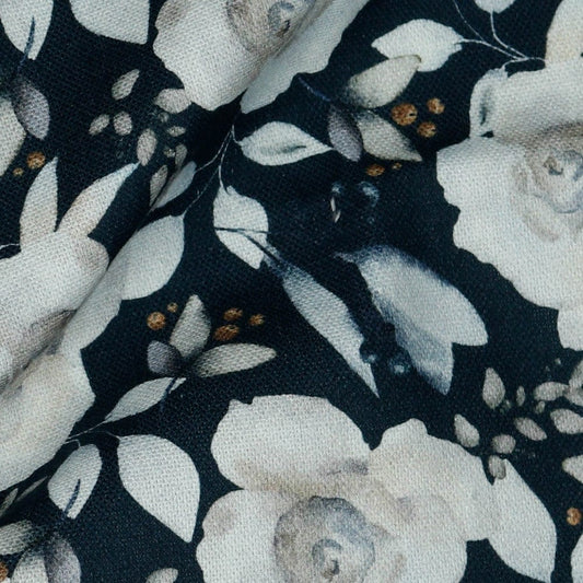 Canvas fabric - white roses on a dark blue background 225 g/m²