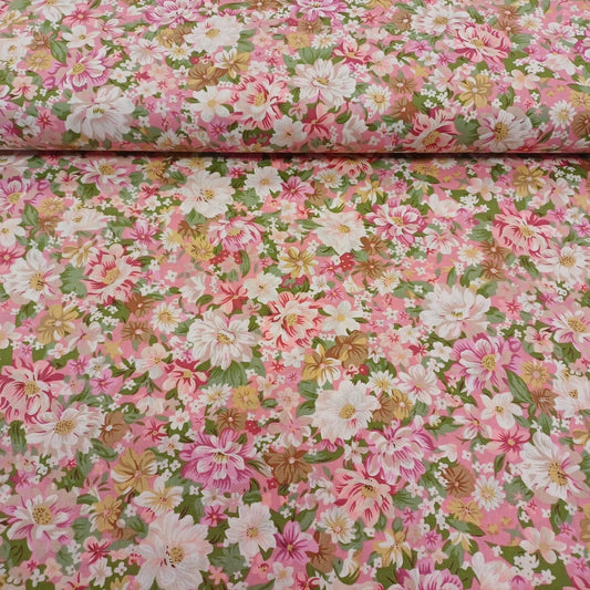 Premium 100% cotton fabric - summer flowers on a pink background 115 g/m²