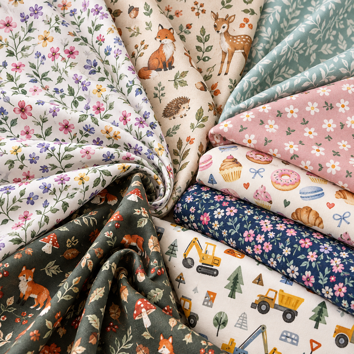 Printed poplin – 100% cotton fabrics with floral, animal, botanical, and children’s motifs in various colours and patterns.