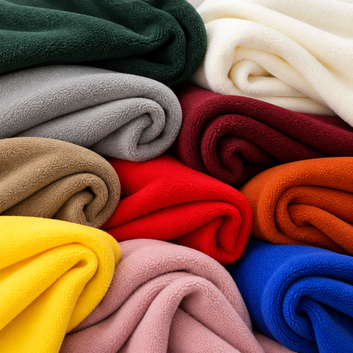 Anti-pilling fleece in various colors with a soft, fluffy surface for jackets, sweaters, blankets, hats, and linings