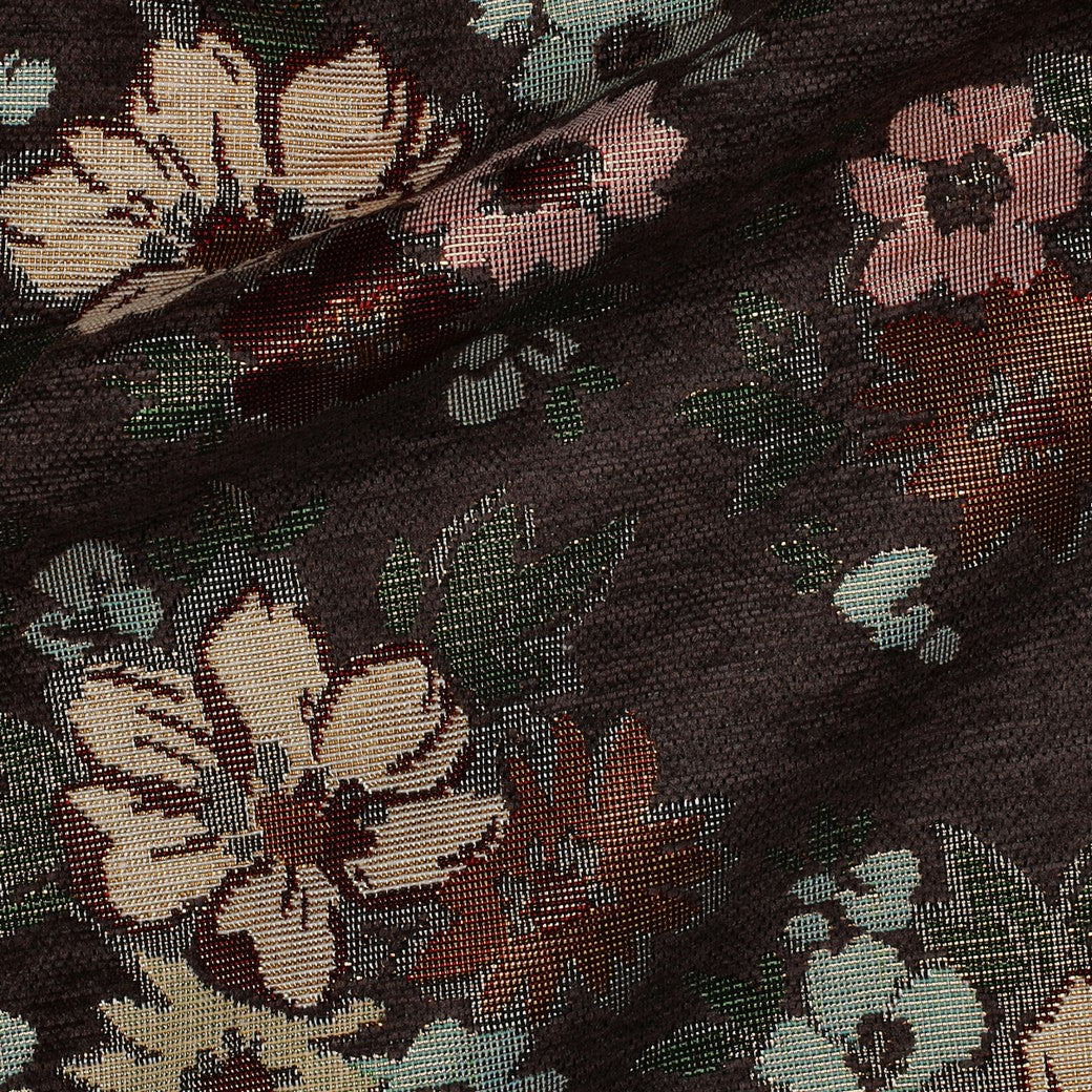 Tapestry Flowers with Gold Accents on a Brown Background