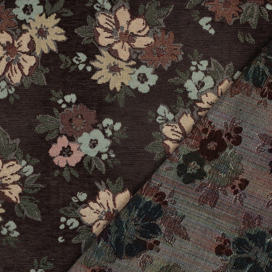 Tapestry Flowers with Gold Accents on a Brown Background