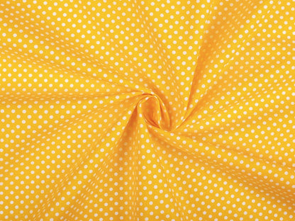 100% Baumwollstoff – weiße Pünktchen auf gelbem Hintergrund (4 mm) 130 g/m²