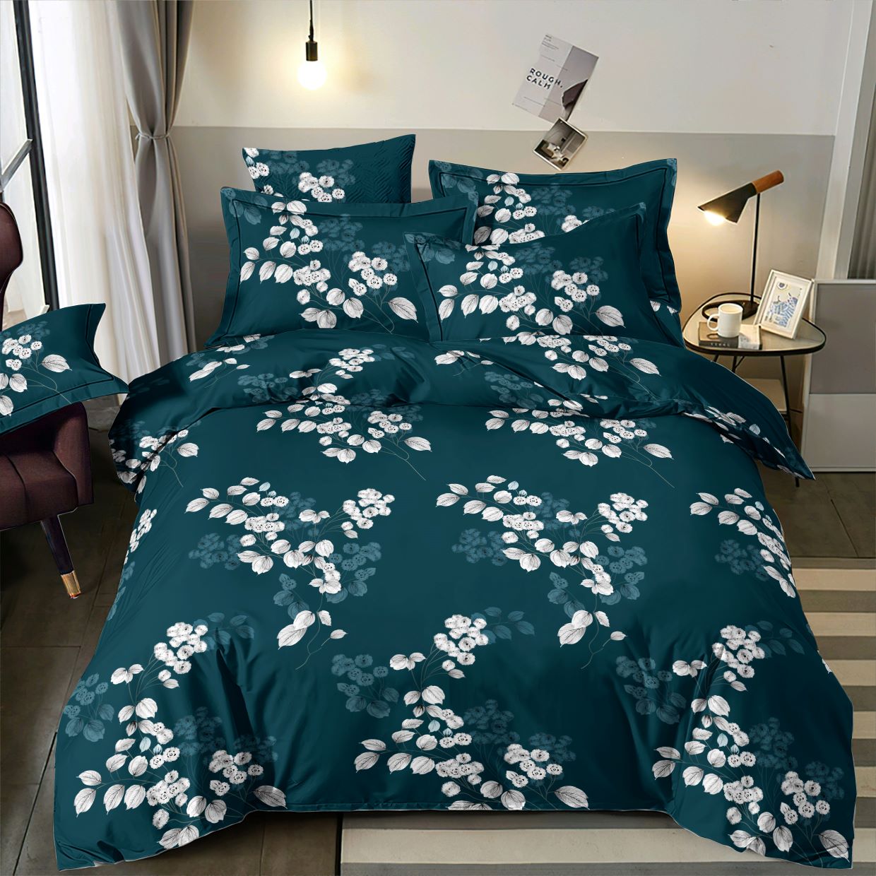 Tissu en coton 100 % avec fleurs et feuilles blanches élégantes, 220 cm, 146 g/m² – disponible chez Šarlotes audumi