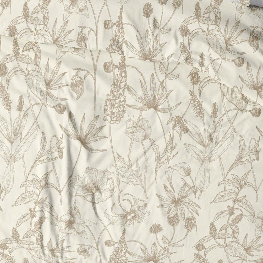 Image with 100% cotton fabric - beige meadow flowers 125 g/m² – available at Šarlotes audumi