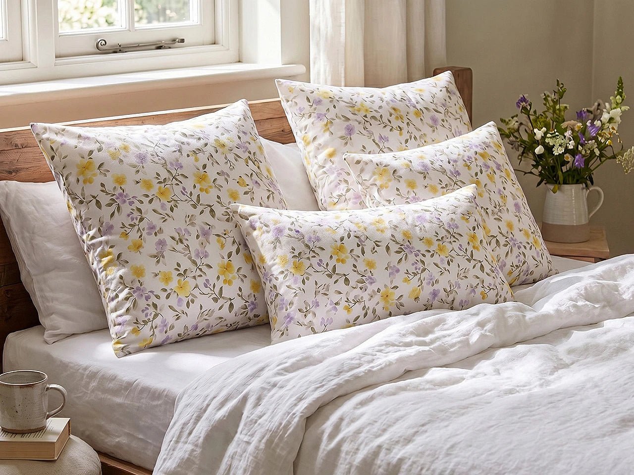Image en tissu 100 % coton avec des fleurs jaunes et lilas – disponible en ligne chez Šarlotes audumi