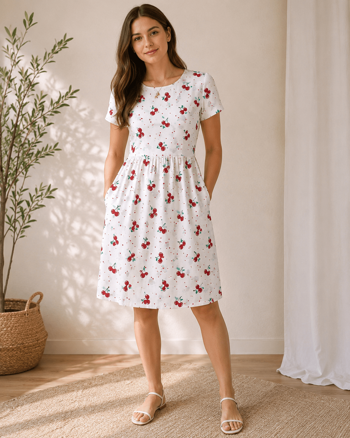 Image du tissu cerises 100 % coton – disponible en ligne chez Šarlotes audumi