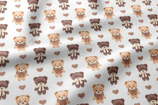 Image of 100% cotton fabric with bears and hearts – available online at Šarlotes audumi