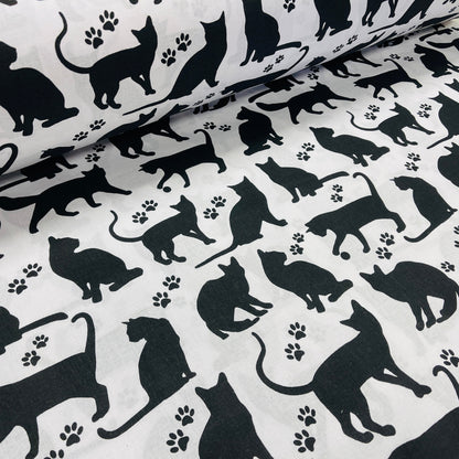 100% Cotton fabric - black cats on a white background 125 g/m²