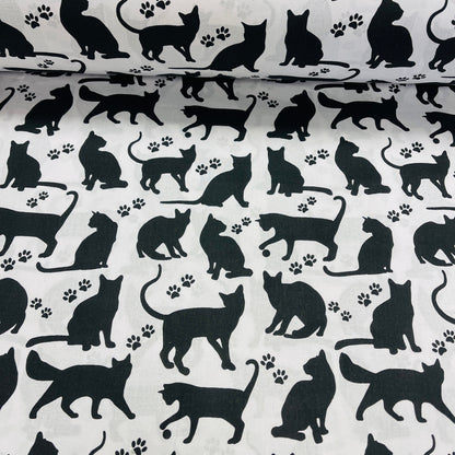100% Cotton fabric - black cats on a white background 125 g/m²