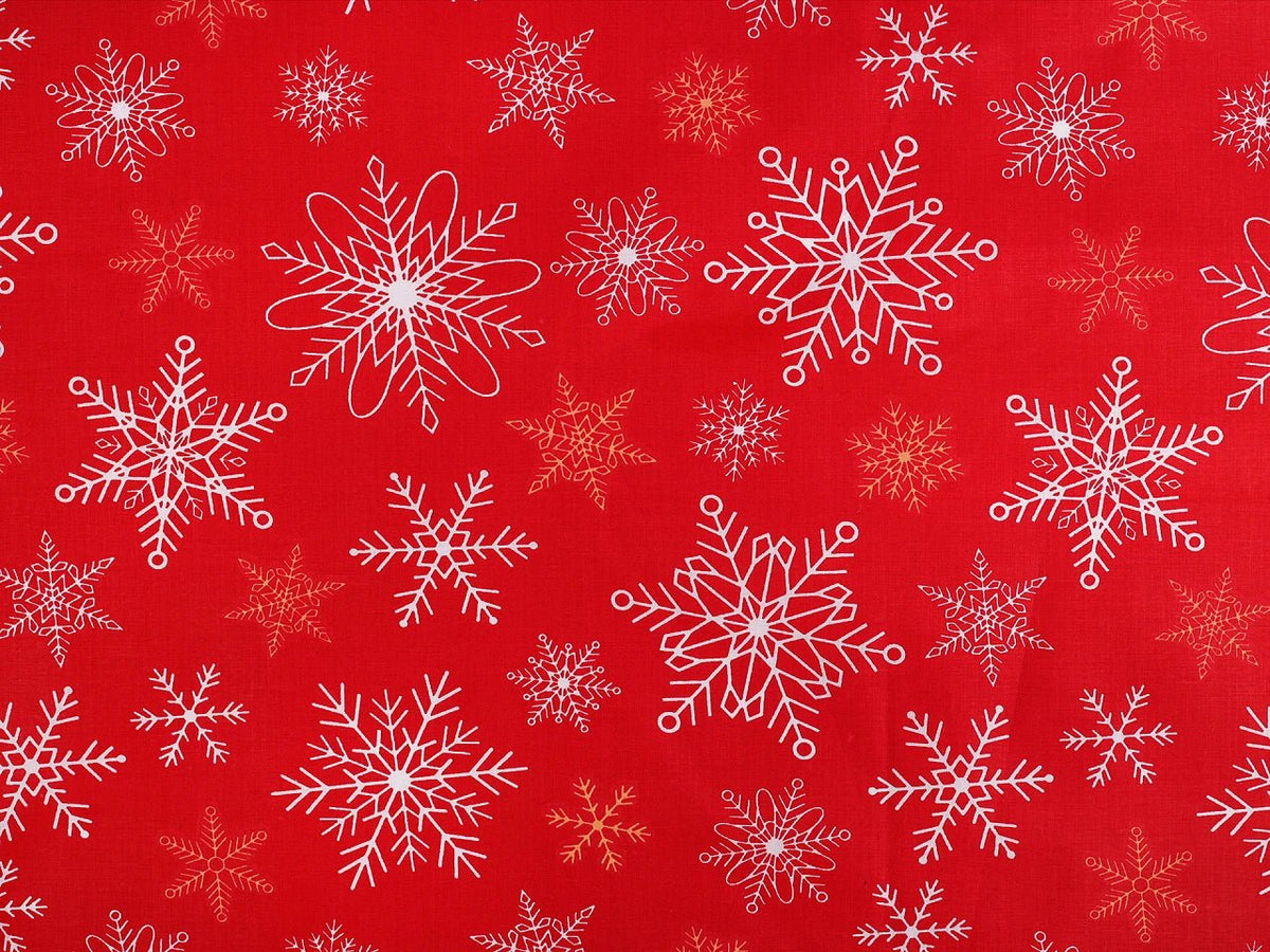 Image of 100% cotton fabric with flakes on red – available online at Šarlotes audumi