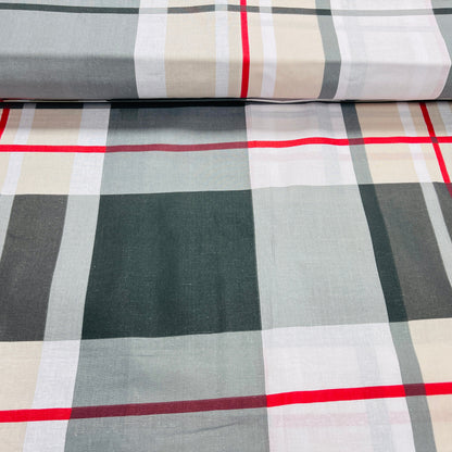 100% Cotton fabric - grey with red checkered pattern 125 g/m