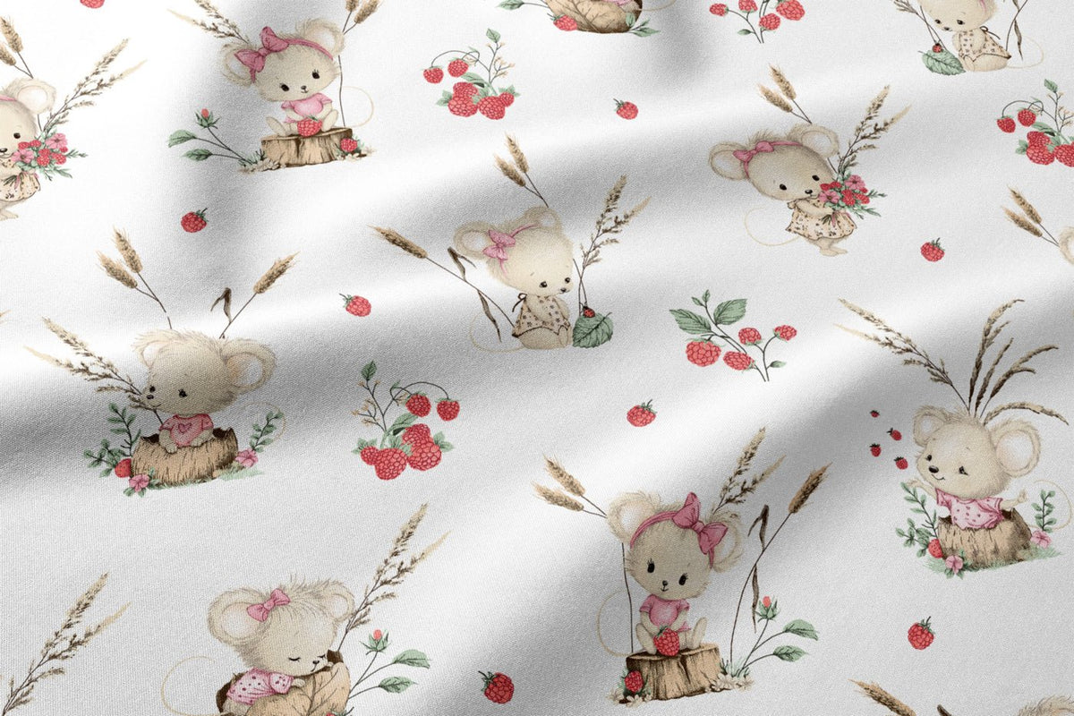 Image of 100% cotton fabric—mice with wild strawberries, available online at Šarlotes audumi