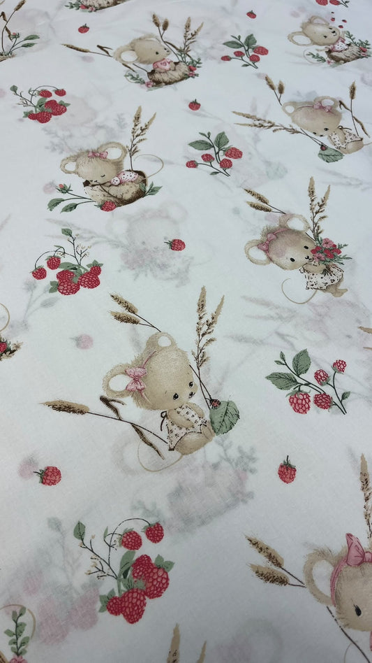 Image of 100% cotton fabric—mice with wild strawberries, available online at Šarlotes audumi