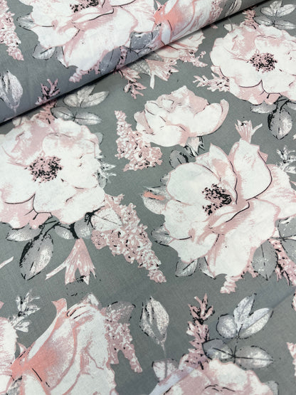 100% Cotton fabric - peonies on a gray background 125 g/m²