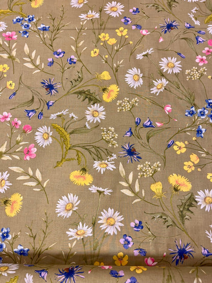 Image with 100% cotton fabric - meadow flowers on a green background 125 g/m² – available at Šarlotes audumi