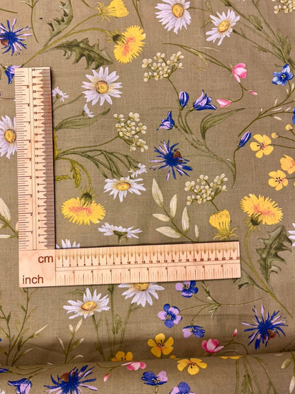 Image with 100% cotton fabric - meadow flowers on a green background 125 g/m² – available at Šarlotes audumi