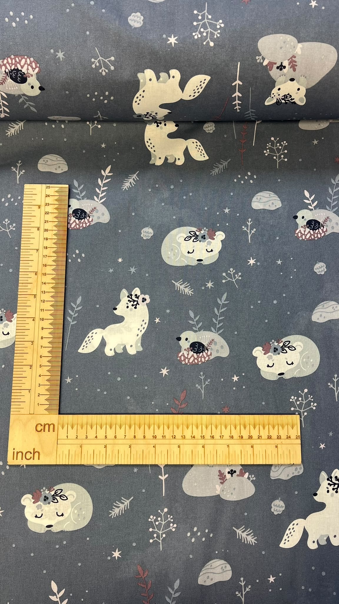 100% cotton fabric with polar fox, available online at Šarlotes audumi