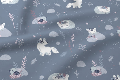100% cotton fabric with polar fox, available online at Šarlotes audumi