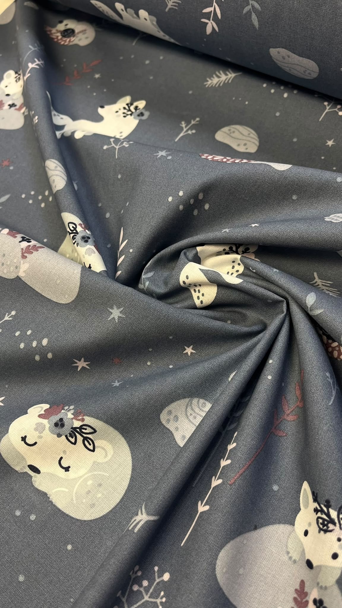 100% cotton fabric with polar fox, available online at Šarlotes audumi