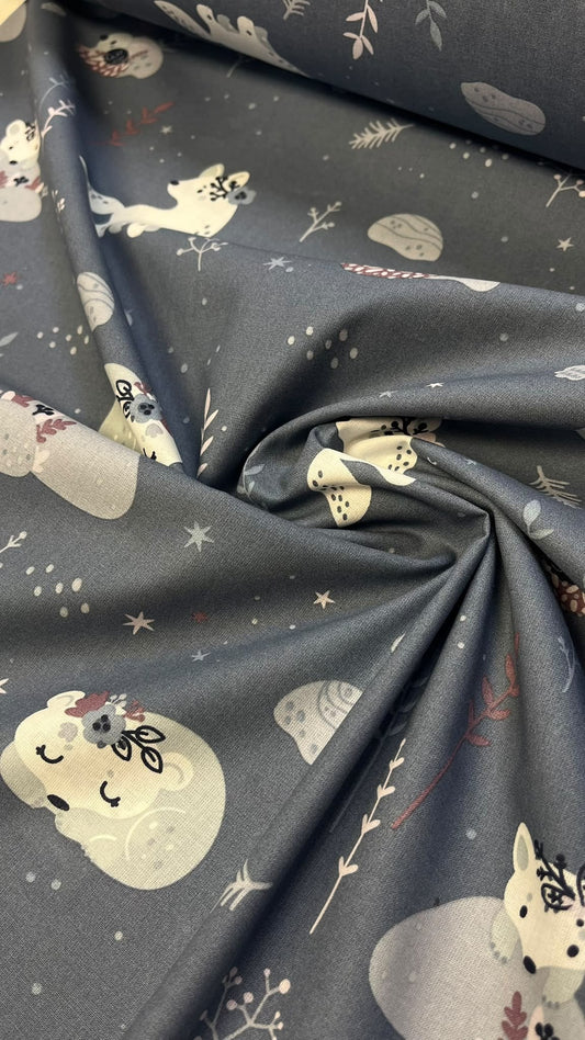 100% cotton fabric with polar fox, available online at Šarlotes audumi