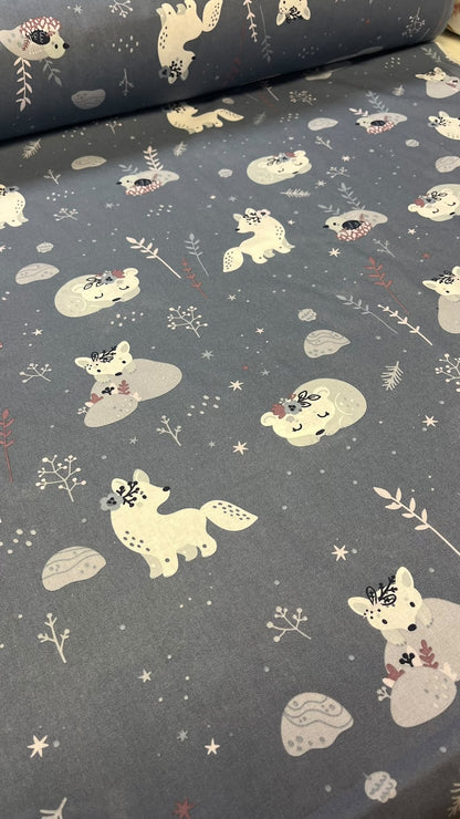 100% cotton fabric with polar fox, available online at Šarlotes audumi