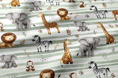 Tissu 100 % coton - animaux safari et lignes vertes 125 g/m – disponible chez Šarlotes audumi