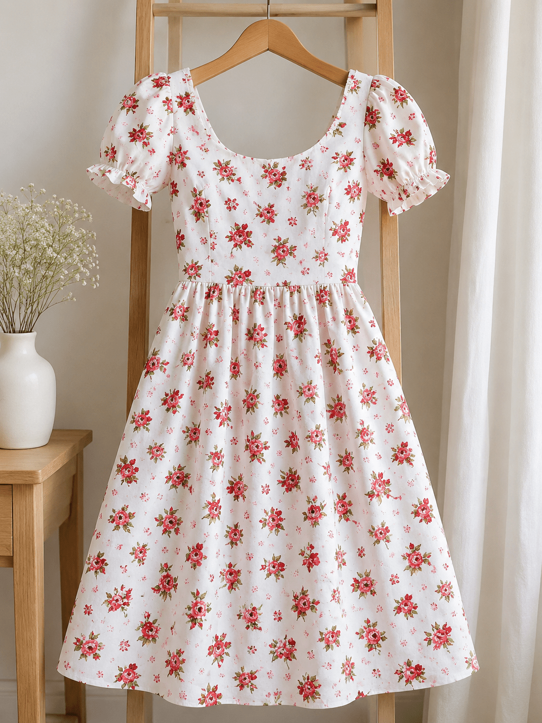 100% cotton fabric with red rosebuds, 125 g/m² – available at Charlotte's Fabrics