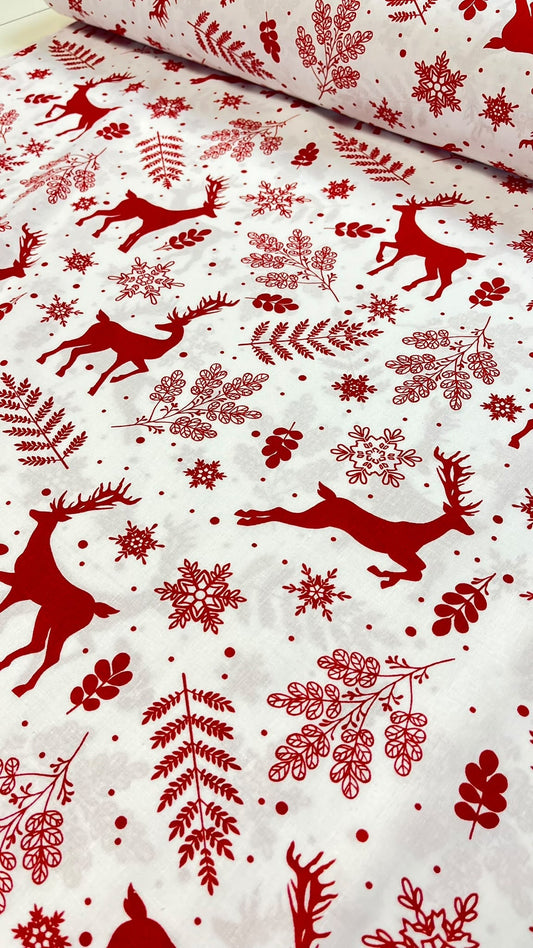 Image of 100% cotton fabric with red deer on a white background – available online at Šarlotes audumi