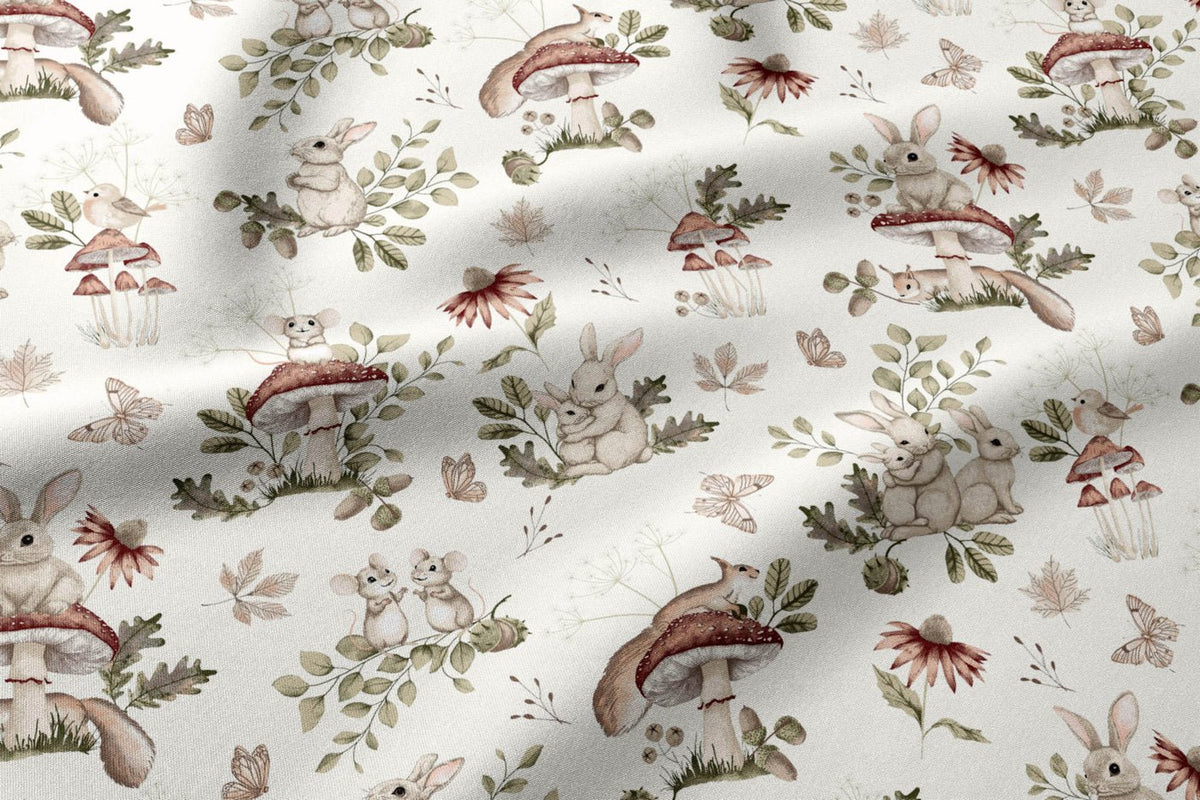 Image with 100% cotton fabric - mushrooms and forest animals – available online at Charlotte's Fabrics