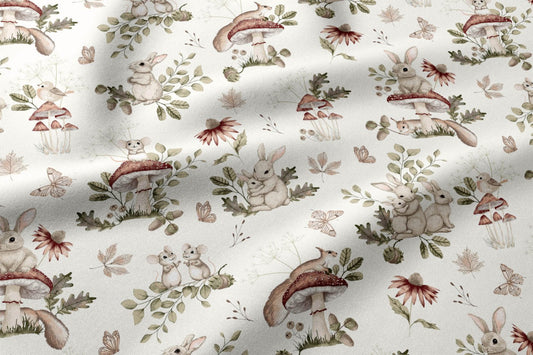 Image with 100% cotton fabric - mushrooms and forest animals – available online at Charlotte's Fabrics