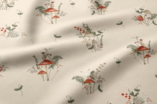 Image of 100% cotton fabric with an ant on a mushroom – available online at Charlotte's Fabrics