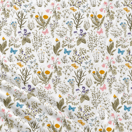 Image of 100% cotton fabric with a delicate meadow plant pattern – available online at Šarlotes audumi
