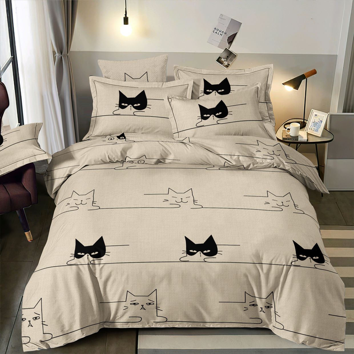 Tissu en coton 100 % couleur beige avec motifs de chats, 220 cm – disponible en ligne chez Šarlotes audumi