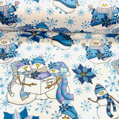 100% Cotton fabric - snowman with a blue hat on a white background 130 g/m²