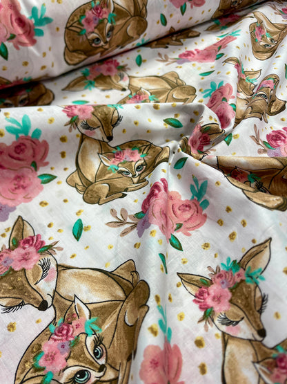 100% cotton fabric - fawns in flowers 125 g/m²