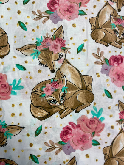 100% Cotton fabric - fawns in flowers 125 g/m²